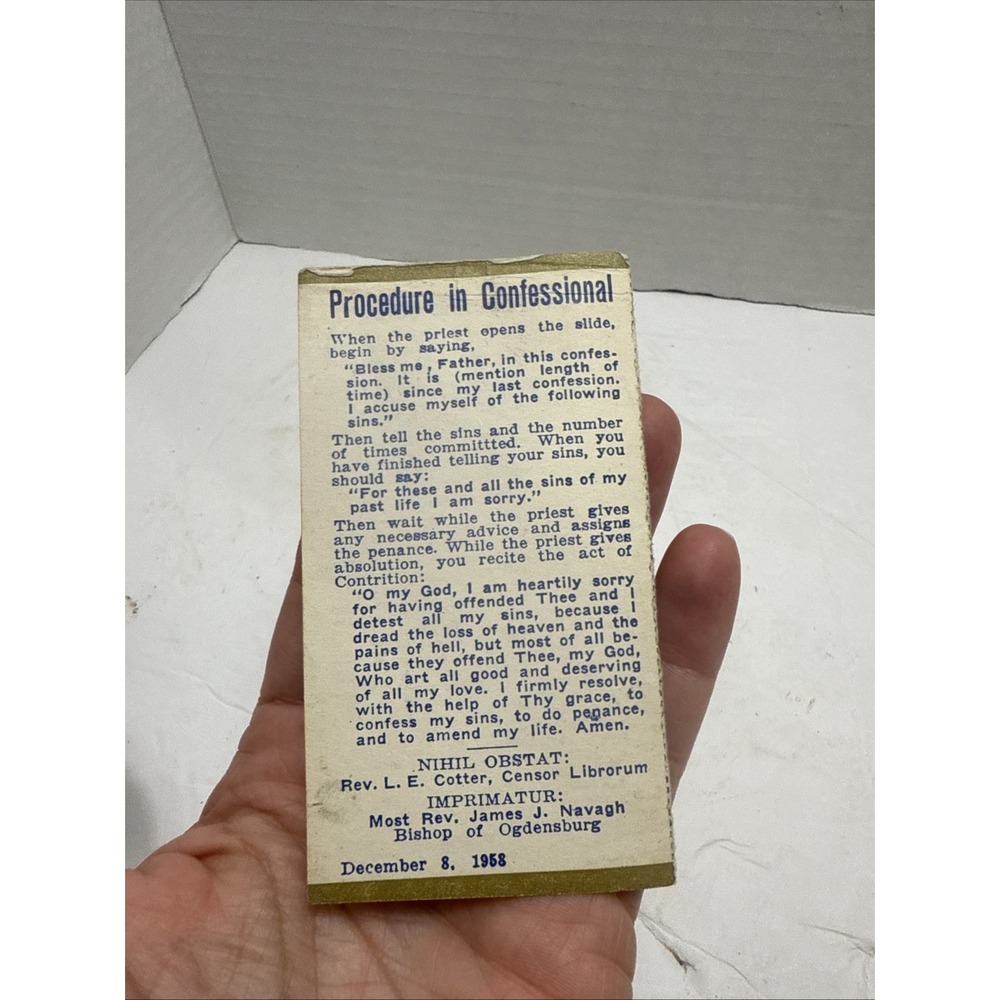 Vtg Catholic Prayer Card-Procedure in Confessional/Confession Guide-Dec. 8, 1958